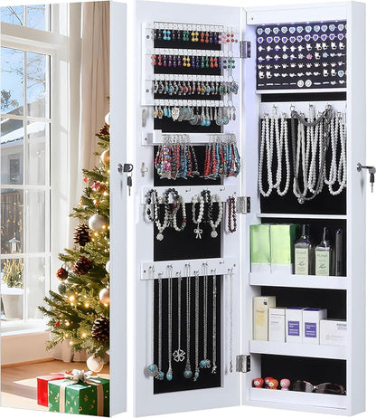 GISSAR Full Length Mirror Jewelry Cabinet, 6 LEDs Jewelry Armoire Wall Mounted Over The Door Hanging, Jewelry Organizer Display Storage Furniture with Lights Locker Mirrored Cabinet, 39.4" H, White
