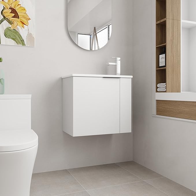 22 Inch Bathroom Vanity with Sink, 22" Wall Mounted Vanity Sink Combo for Small Space, Modern Bathroom Cabinet Set with Ceramic Basin Sink Top and Soft-Closing Door, White