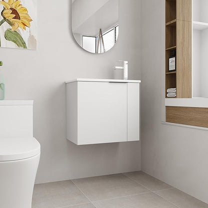 22 Inch Bathroom Vanity with Sink, 22" Wall Mounted Vanity Sink Combo for Small Space, Modern Bathroom Cabinet Set with Ceramic Basin Sink Top and Soft-Closing Door, White