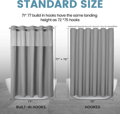 EUTXL Heavyweight Long No Hook Shower Curtain with Snap in Liner,256GSM Waffle Weave Shower Curtains for Bathroom,71W x 77H(75"),Grey