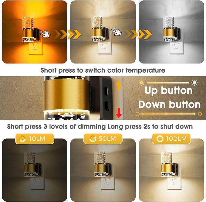 L LOHAS LED Night Lights Plug into Wall, Dusk-to-Dawn Sensor Night Light | 2 Pack Soft White/Cool White/Amber 3 Light Color, Adjustable Brightness, Rotatable plug, Bubble Nightlight for Hallway
