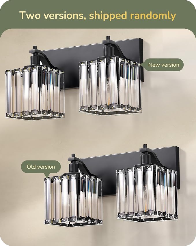 EDISHINE 2-Light Black Bathroom Vanity Light, Crystal Sconce Over Mirror | Up/Down Reversible, Black Frame, Modern for Bath, Powder Room, E26 Base