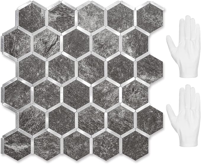 STICKGOO Hexagon Peel and Stick Backsplash Tile, Stick on Backsplash for Kitchen and Bathroom, Black Slate Look PVC Mixed Metal Silver Self Adhesive Wall Tiles(10 Sheets, Seamless)