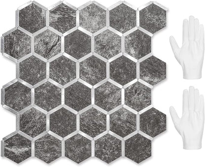 STICKGOO Hexagon Peel and Stick Backsplash Tile, Stick on Backsplash for Kitchen and Bathroom, Black Slate Look PVC Mixed Metal Silver Self Adhesive Wall Tiles(10 Sheets, Seamless)