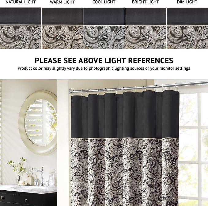 Madison Park - MP70-845 Aubrey Shower Curtain Paisley Jacquard Pieced Microfiber Faux Silk Modern Home Bathroom Decorations Bathtub Privacy Screen, 72" x 72", Black | Microfiber, Adds Privacy, Machine Washable, Striped Pattern, OEKO-TEX Certified