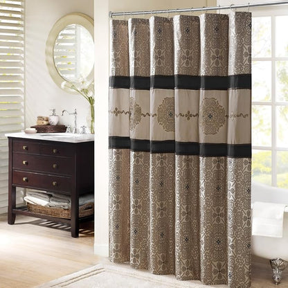 Madison Park Donovan Shower Curtain for Bathroom, Jacquard, 72 x 72, Black | Adds Privacy, Machine Washable, Medallion Design, OEKO-TEX Certified