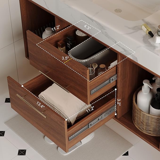 40" Bathroom Vanity with Sink Set, Modern Wall Mounted Bathroom Vanity Cabinet with Sintered Stone Top&Gold Handle 2 Drawers&2 Open Storage, Single Sink Floating Bathroom Vanities,Walnut