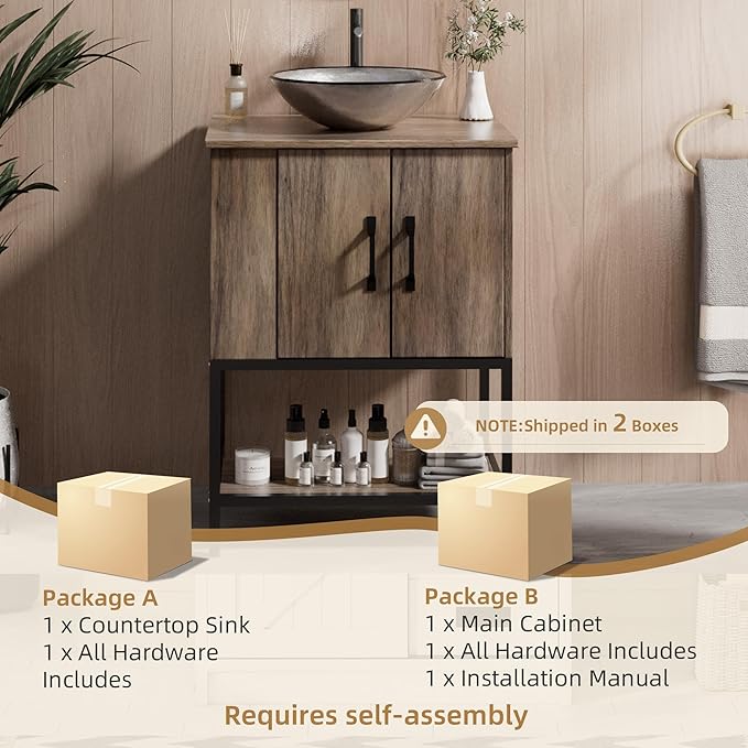 VNN Small Bathroom Vanity with Sink - 24 Inch Vanity with Sink, Freestanding Cabinet with Open Shelf, Modern Iron Wood Bathroom Cabinet with Countertop Tempered Glass Vessel, Grey