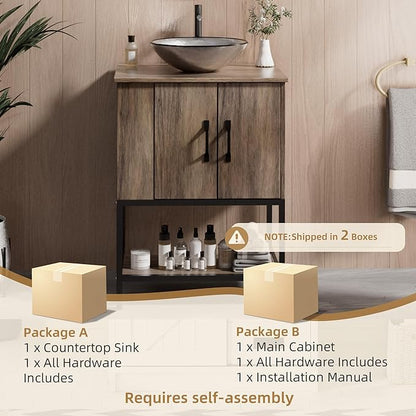 VNN Small Bathroom Vanity with Sink - 24 Inch Vanity with Sink, Freestanding Cabinet with Open Shelf, Modern Iron Wood Bathroom Cabinet with Countertop Tempered Glass Vessel, Grey