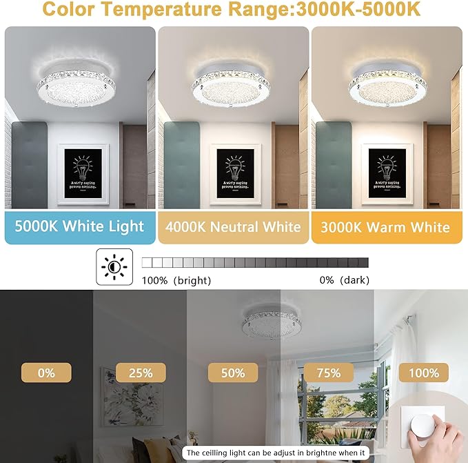 Flush Mount Crystal Ceiling Light Modern LED Ceiling Light Fixture Flush Mount 13 Inch Kitchen Ceiling Light for Bedroom, Laundry Room, Hallway, Balcony, Dimmable 3000K/4000K/5000K