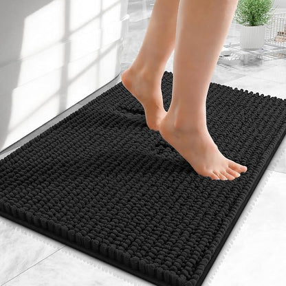OLANLY Thick Chenille Small Bathroom Rugs 24x16, Absorbent Bath Mat, Black | Soft Bath Rugs, Rubber Backing, Machine Wash Dry, Bath Mats for Bathroom, Tub and Shower, Home Decor Accessories