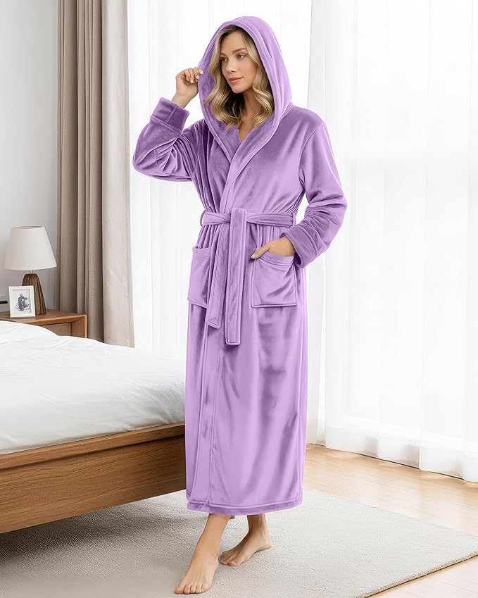 NY Threads Women's Fleece Hooded Bathrobe Plush Long Spa Robe, Medium
