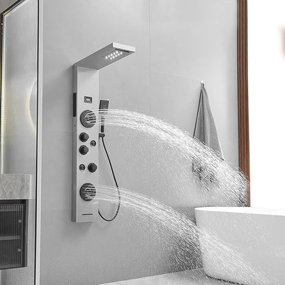 BWE Stainless Steel Shower Panel Tower System,LED Rainfall Waterfall Shower Head,4 Massage Body Jets,3 Functions Handhels Shower and Waterfall Tub Spout,Wall Mounted Shower Panel with Temp Display