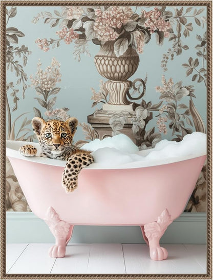 Amanti Art Framed Canvas Wall Art 30x23 Leopard Pink Bubble Bath by Niky Rahner, Framed Wall Art Canvas, Animals Artwork, Traditional Decor, Large Poster Painting for Living Room, Bedroom, Bathroom
