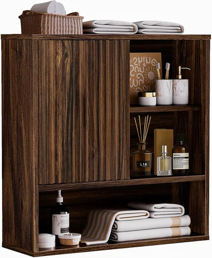 Farmhouse Bathroom Wall Cabinet Fluted,Medicine Cabinet Over The Toilet Storage Cabinet with Adjustable Shelf, Wood Wall Mounted Storage Cabinet Organizer 23.2Wx24Hx7.6D (Dark Walnut, Medium)