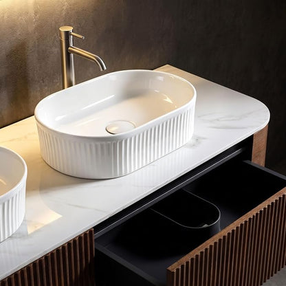 60" Preassembled Double Floating Bathroom Vanity with White Sink, Walnut | Mid-Century Modern Style, Fluted & Soft-Close Drawer with U-shaped Wall, Sinterted Stone Countertop, Towel Rack Included