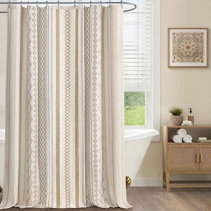 Boho Linen Shower Curtain for Bathroom,with Striped Print and Twine-Inspired Woven Center,Extra Long 72" W x 96" L,Beige