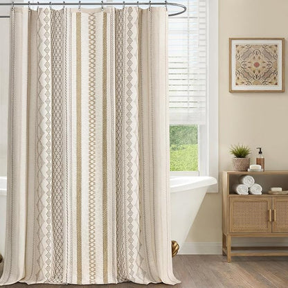 Natural Linen Boho Shower Curtain,72" W x 90" L | Linen Striped Print and Twine-Inspired Woven Center for Bathroom