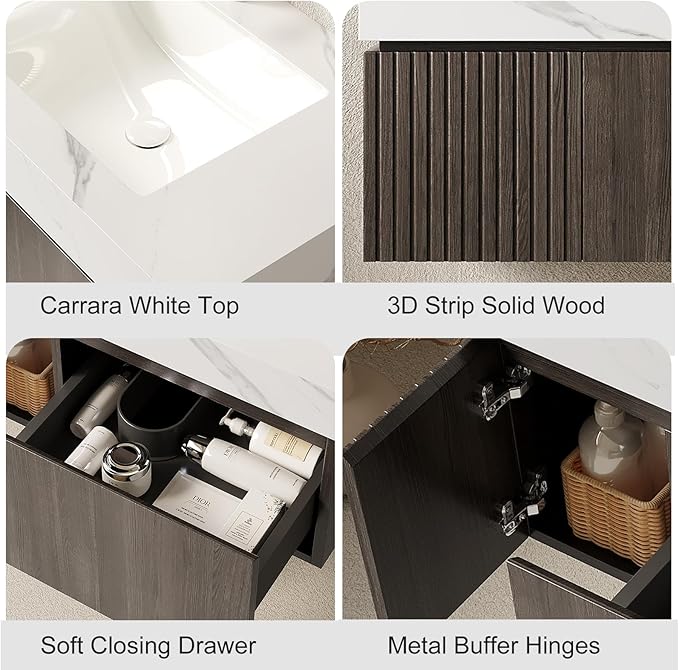Ambrovina 30" Floating Bathroom Vanity with Sink, Plywood Storage Bathroom Vanities with Drawer and Door, Carrara White Sintered Stone Top and Ceramic Basin, Pre-Assembled Cabinet, Espresso Woodgrain