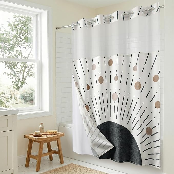 Americanflat 72x75 Hookless Shower Curtain - Water-Resistant Modern Boho Shower Curtain with Sheer Panel, Snap-in Liner, and Grommets - 100% Polyester - Black, Bronze, and White
