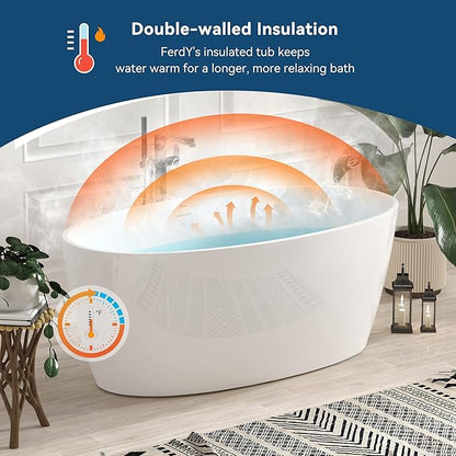FerdY Tahiti 59" Acrylic Freestanding Bathtub, Elegant Oval Shape Bathtub, Glossy White, Polished White Drain & Integrated Slotted Overflow Assembly Included cUPC Certified