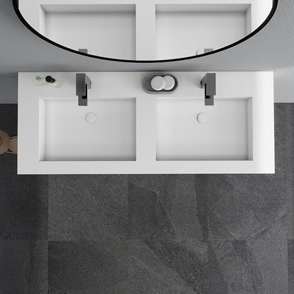 SJ STAR&JANE 48" x 19" Solid Surface Bathroom Sink, Wall Mounted Vessel Sink, Stone Resin Countertop With Double Bowl in Matte White Rectangle Double Floating Vanity Sink Durable Modern Design