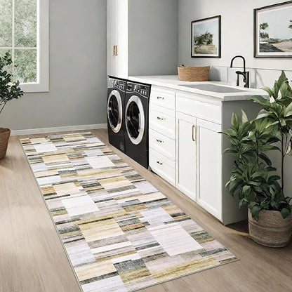 Washable Runner Rugs 2x6 Rug Runner Modern Non Slip Kitchen Rugs Indoor Entryway Rug Farmhouse Soft Bath Mat Stain Resistant Carpet for Bedroom Hallway Laundry 2'x6' Khaki&Grey