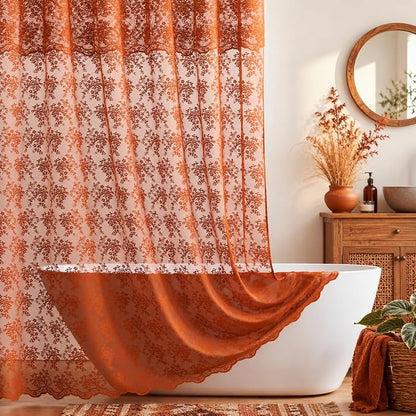TUDECO Long Orange Shower Curtain with Attached Valance, 72W x 84L Inch | Autumn Bathroom Decor, Terracotta Floral Lace, Boho Farmhouse Charm, Brightens Space, Scalloped Edges, Reinforced Holes