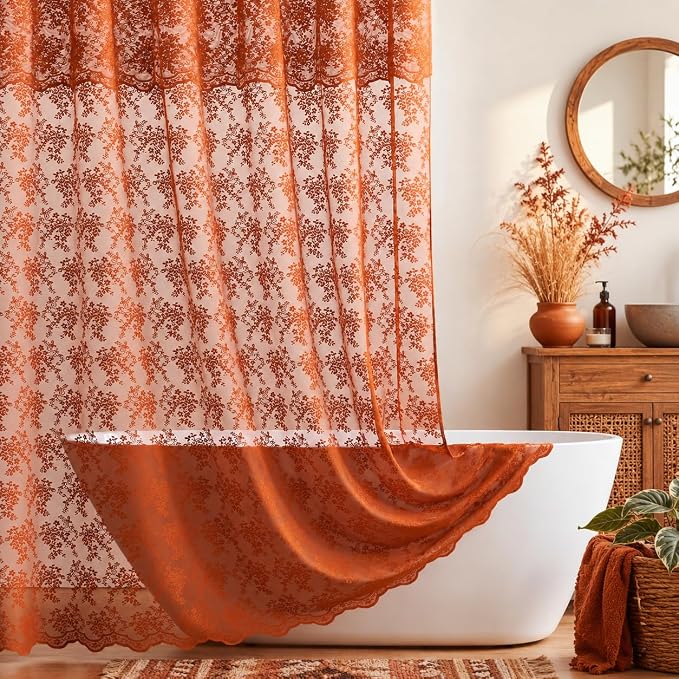 TUDECO Burnt Orange Shower Curtain with Attached Valance, 72 x72 Inch | Fall Bathroom Decor, Terracotta Lace Floral, Boho Farmhouse Charm, Vibrant Cheerful Vibe, Brightens Space, Scalloped Edges
