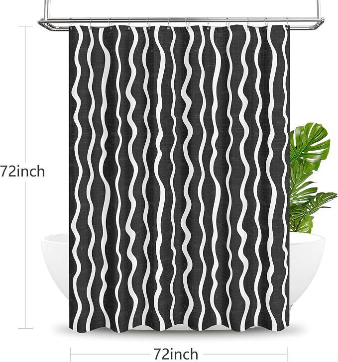 Tititex Cute Curvy Wavy Lines 140gsm Faux Linen Fabric Shower Curtain, Elegant Beige Black Wave Striped Shower Curtain Sets Decoration 72x72 Inch with Hooks
