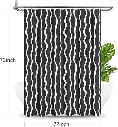 Tititex Cute Curvy Wavy Lines 140gsm Faux Linen Fabric Shower Curtain, Elegant Beige Black Wave Striped Shower Curtain Sets Decoration 72x72 Inch with Hooks