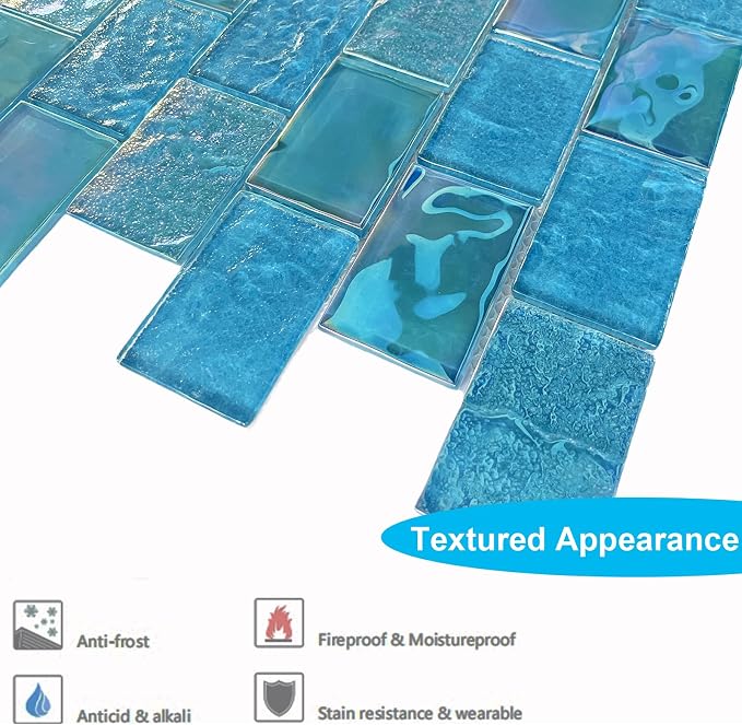 LSDECO 5 Sheets Glass Tile Mosaic Tiles Pool Tile Backsplash for Kitchen Bathroom Shower Tile ((Aquamarine, 5 Sq.Ft)
