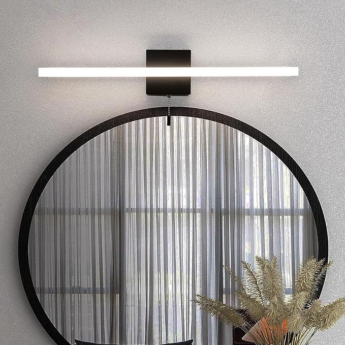 24 Inch LED Bathroom Light Bar Over Mirror, Modern Vanity Light with Pull Chain Switch On/Off, Black Wall Light Fixture, Cool White 6000K