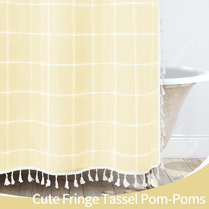 Yellow Cream Boho Farmhouse Shower Curtain for Bathroom 72x72 | 320 GSM French Country Plaid Tassel Shower Curtain, Rustic Aesthetic Bathroom Decor Windows Curtain