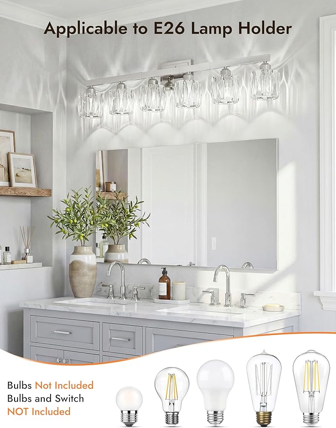 VOLISUN Crystal Vanity Lights for Bathroom, 6 Light Bathroom Vanity Light, Modern Stainless Steel Bathrooms Lights Over Mirror, Chrome Bathrooms Lights Fixtures-UL Certificated(Exclude Bulb)