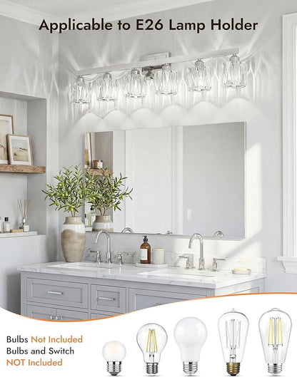 VOLISUN Crystal Vanity Lights for Bathroom, 6 Light Bathroom Vanity Light, Modern Stainless Steel Bathrooms Lights Over Mirror, Chrome Bathrooms Lights Fixtures-UL Certificated(Exclude Bulb)