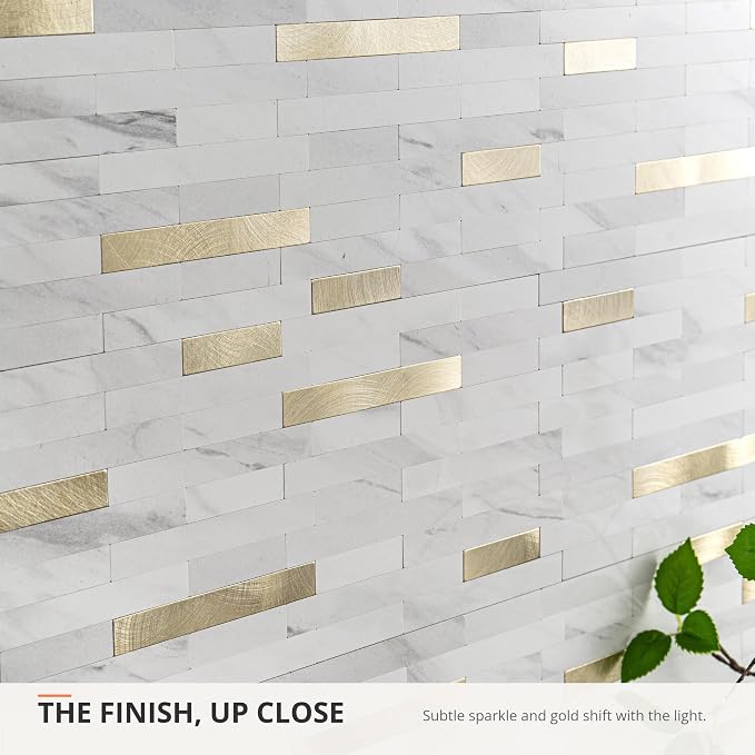 StyloVue 20 Sheets Peel and Stick Backsplash for Kitchen, Sparkle White Marble Look with Gold Metal, Glossy Finish, Stick on Tile for Kitchen Backsplash, RV, Fireplace