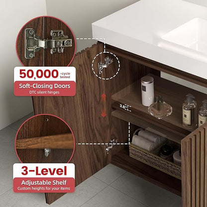 48" Bathroom Vanity with Sink, Freestanding Single Sink Bathroom Vanity with White Engineered Stone Top & Open Side Storage, Soft-Closing Doors with Adjustable Shelf, Walnut