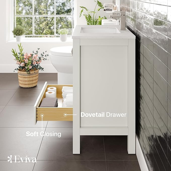 Eviva London 30 in. White Single Sink Bath Vanity with Carrara Quartz Top and Undermount Porcelain Sink