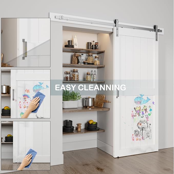 38''x84'' Sliding Barn Door with 6.6 Ft Brushed Nickel Hardware | Pre-Drilled Holes Easy Assembly - Include Installation Manual, Water-Proof PVC Surface, H-Frame, White