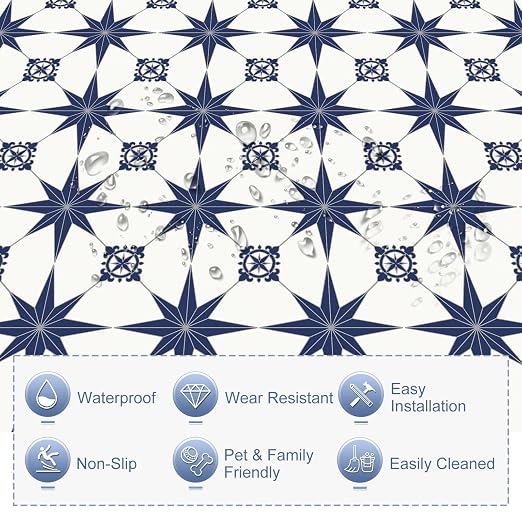 MORCART 20PCS 7.87" x 7.87" Peel and Stick Floor Tile, Blue Star | Self-Adhesive DIY Vinyl Flooring, Removable and Waterproof Tile Sticker for Bathroom, Kitchen, Wall, Bedroom, Stairs