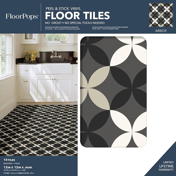 FloorPops Arbor Peel and Stick Floor Tiles, Patterned Removable Vinyl Flooring, Self Adhesive Floor Tiles for Kitchen Bathroom Entryway (Pack of 6)