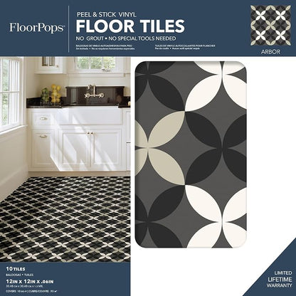 FloorPops Arbor Peel and Stick Floor Tiles, Patterned Removable Vinyl Flooring, Self Adhesive Floor Tiles for Kitchen Bathroom Entryway (Pack of 6)