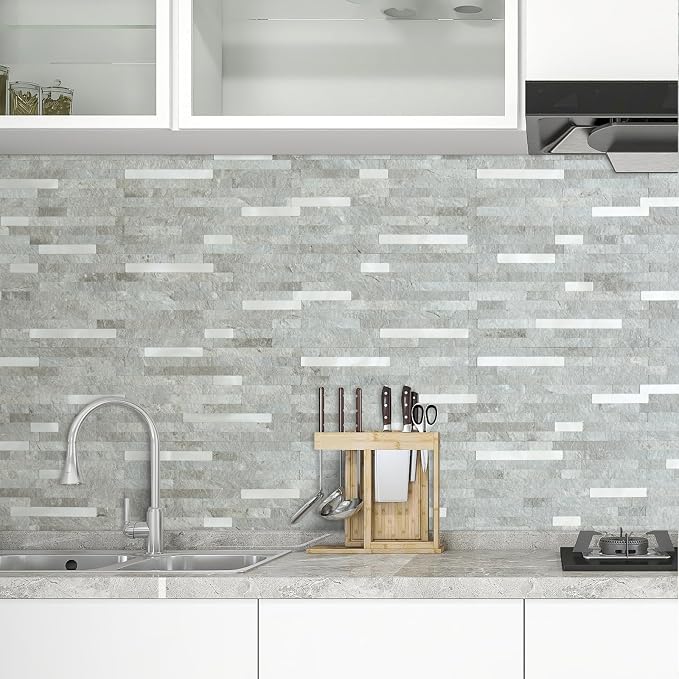 AULIGET 2 Sheets Mountain Rock Peel and Stick Backsplash, PVC Mixed Metal Gold Wall Tile Stick on Backsplash for Kitchen and Bathroom
