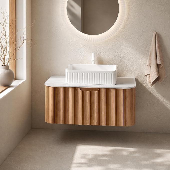 36 Inch Bathroom Vanity with Sink, Floating Wall Mounted Single Sink Vanity, Natural Woodgrain Curved Fluted Front, Stone Top, White Textured Rectangular Vessel Basin, Pre-Assembled