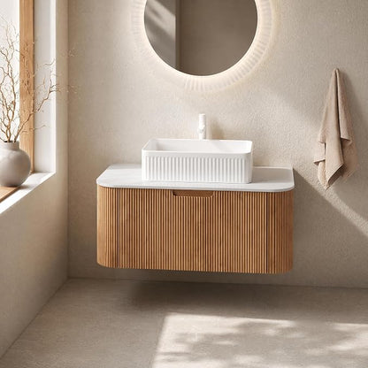 36 Inch Bathroom Vanity with Sink, Floating Wall Mounted Single Sink Vanity, Natural Woodgrain Curved Fluted Front, Stone Top, White Textured Rectangular Vessel Basin, Pre-Assembled