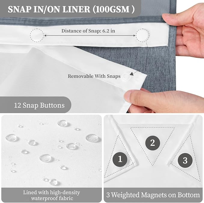 Blue Ringless Linen Textured Shower Curtain with Snap in Liner, 72x75 | 3 in 1 Hotel Shower Curtain Set, Removable Liner, Waterproof & Washable, Mesh Top Window, Durable Fabric, Easy to Install