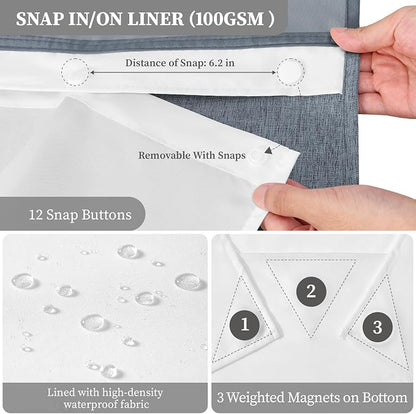 Blue Ringless Linen Textured Shower Curtain with Snap in Liner, 72x75 | 3 in 1 Hotel Shower Curtain Set, Removable Liner, Waterproof & Washable, Mesh Top Window, Durable Fabric, Easy to Install