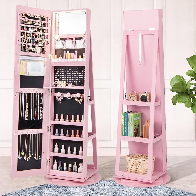 GOFLAME 360° Rotating Jewelry Cabinet with Full-Length Mirror, Freestanding Jewelry Armoire with 3-Color LED Light and Back Storage Shelf, Lockable Jewelry Organizer for Bedroom Cloakroom, Pink