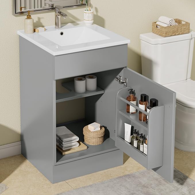Christopher Knight Home Vanes Wood Frame 20" Bathroom Vanity with Ceramic Sink, Cabinet with Soft-Closing Door Shelf and Adjustable Shelf, Open Back, Metal Hardware, Storage/Organizer, Gray